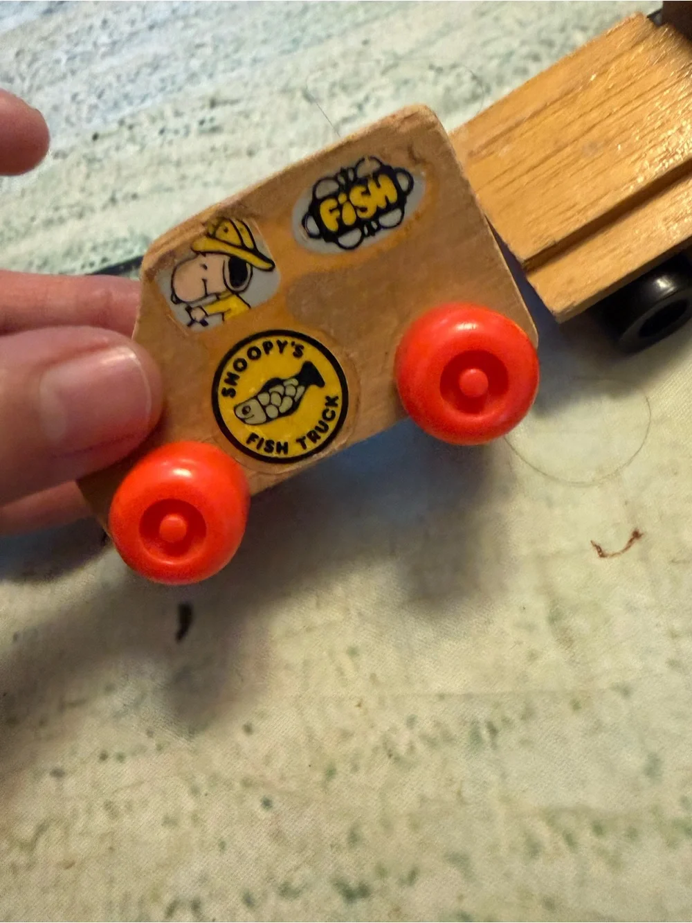 Vintage Snoopy's Fish Truck wooden toy 1971 Mattel Putt-Putt wooden cars